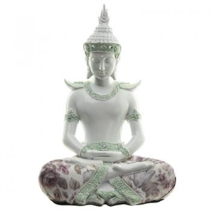 Buddha 304 Meditation siddende hvid polyresin med lime og stof h28cm - Se Buddha figurer